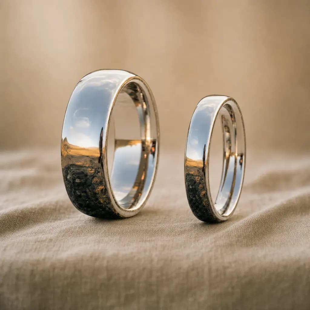The Halo Set, an 8mm and 4mm polished silver tungsten carbide band, standing upright on rumpled natural linen