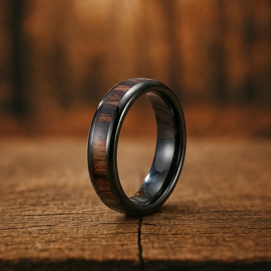 The Haven, a 4mm polished black tungsten carbide band with a wood inlay, standing upright on a weathered oak plank