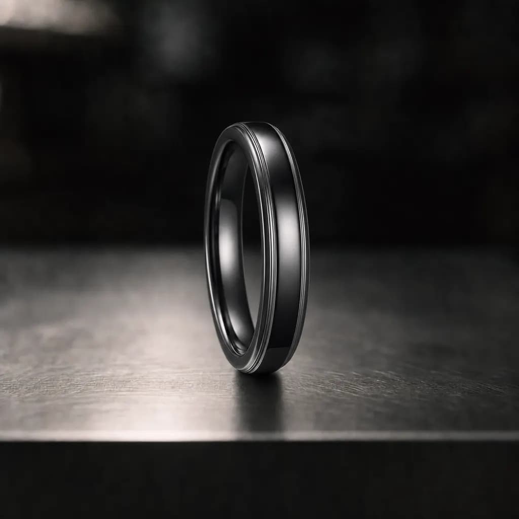The Helix, a 4mm polished titanium band in black and silver, standing upright on a brushed steel workbench
