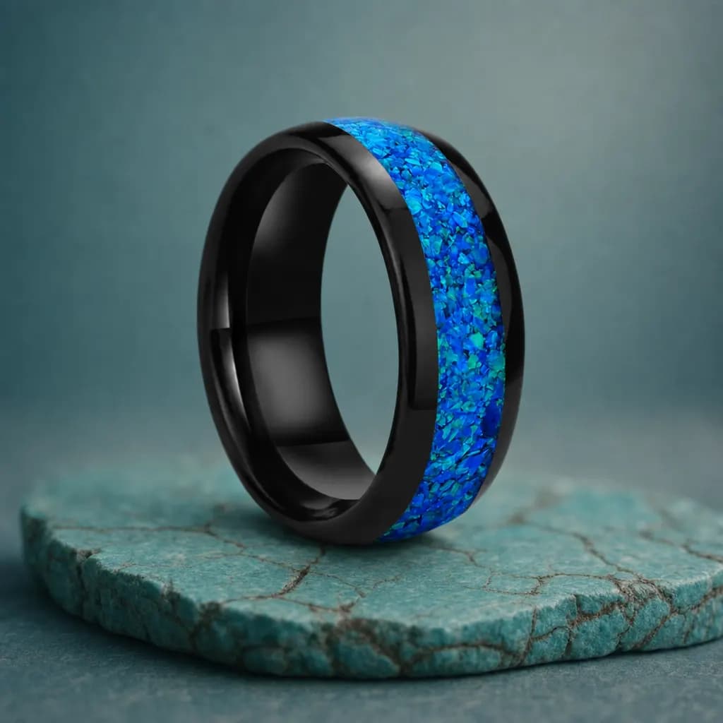 The Iris, an 8mm polished tungsten carbide band in black and blue with an opal inlay, standing upright on a turquoise veined mineral slab