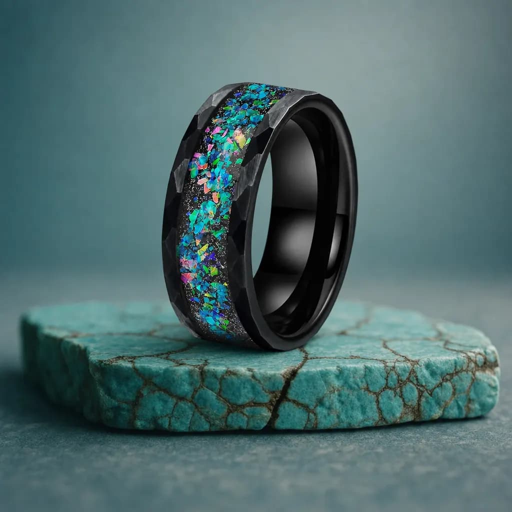 The Lustre, an 8mm faceted tungsten carbide band in black, blue and green with an opal inlay, standing upright on a turquoise veined mineral slab