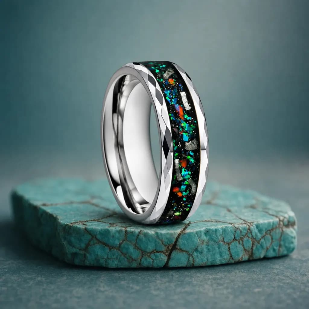 The Lyra, an 8mm faceted tungsten carbide band in silver, black, green and blue with an opal inlay, standing upright on a turquoise veined mineral slab