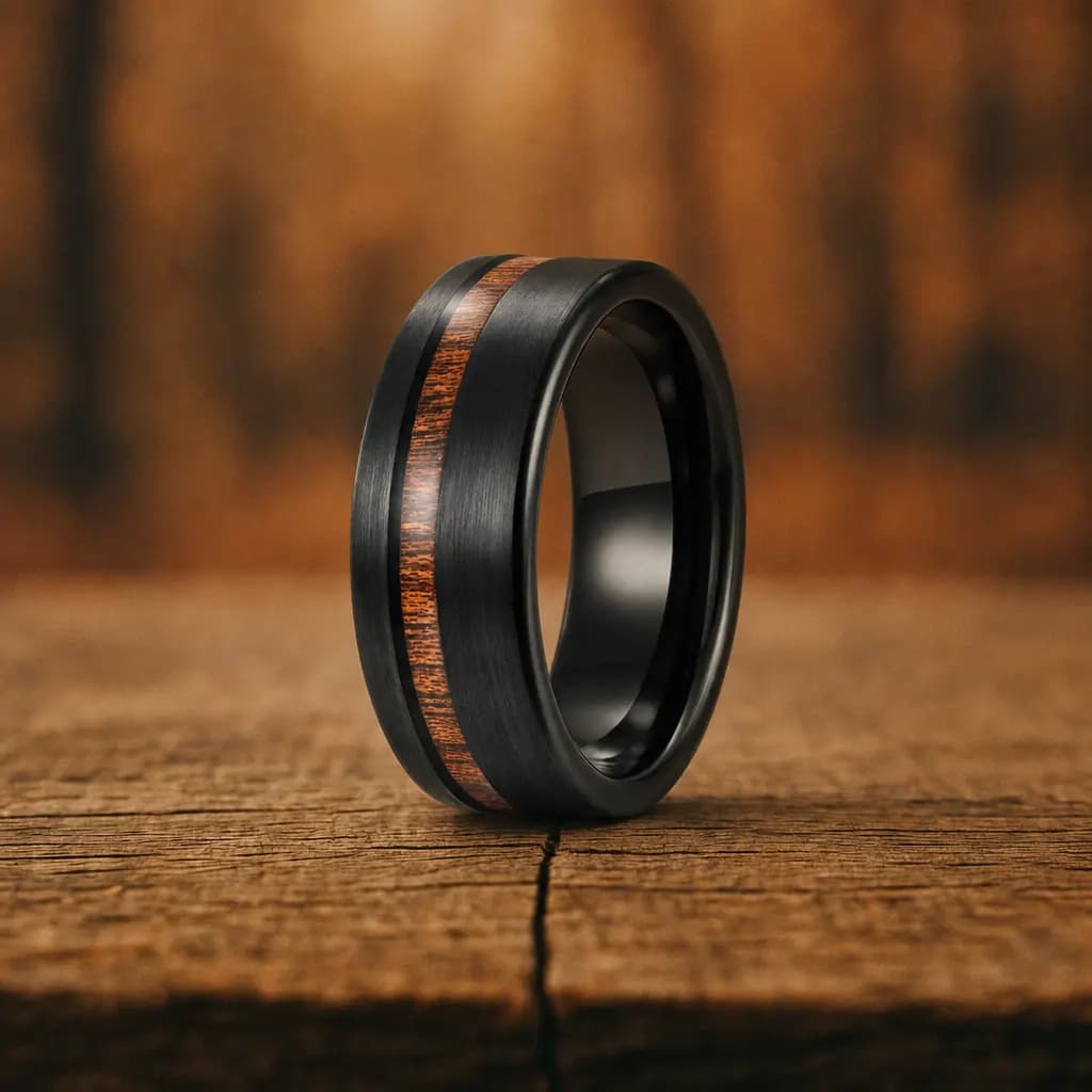 The Maple, an 8mm brushed black tungsten carbide band with a wood inlay, standing upright on a weathered oak plank