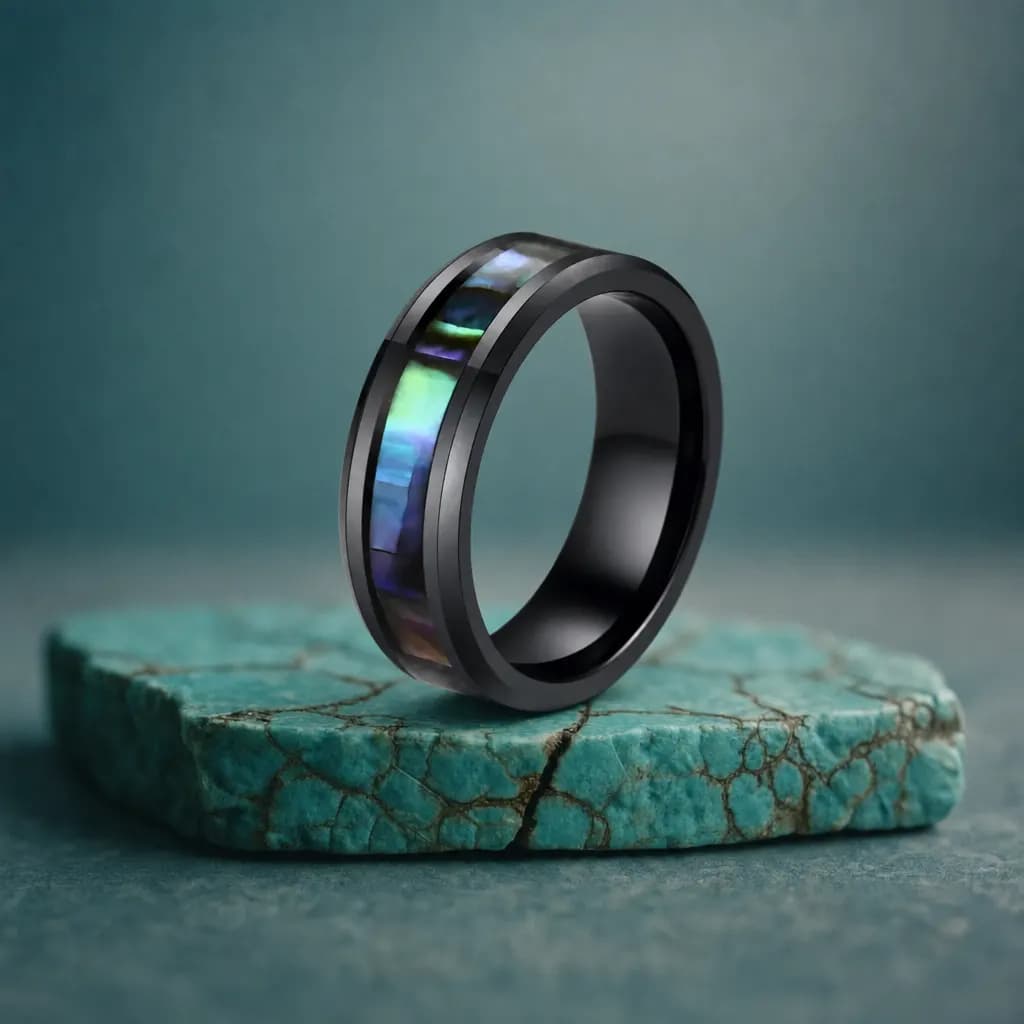 The Marlin, an 8mm polished black tungsten carbide band with an abalone shell inlay, standing upright on a turquoise veined mineral slab