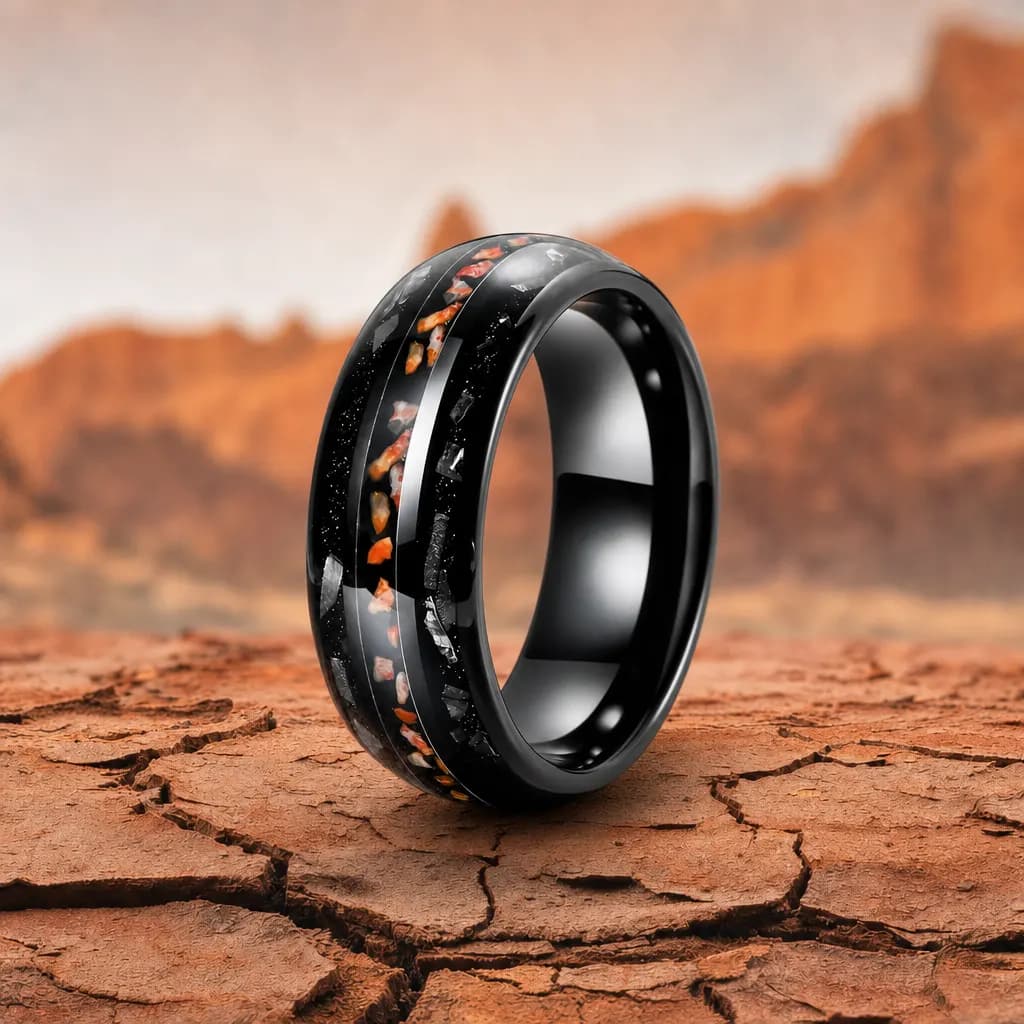 The Mesozoic, an 8mm polished black tungsten carbide band with a dinosaur bone inlay, standing upright on cracked red desert earth