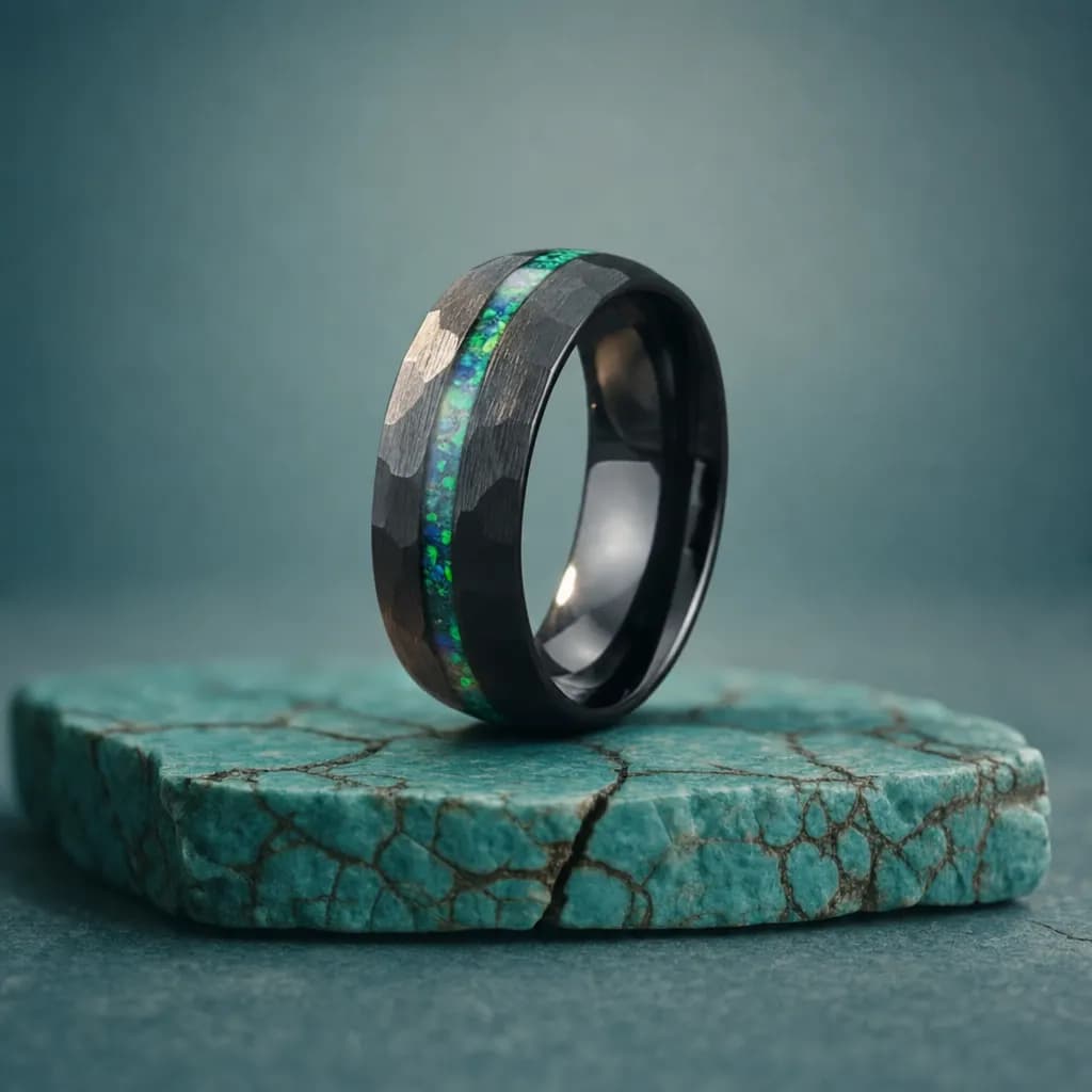 The Onyx, an 8mm hammered black tungsten carbide band with an opal inlay, standing upright on a turquoise veined mineral slab