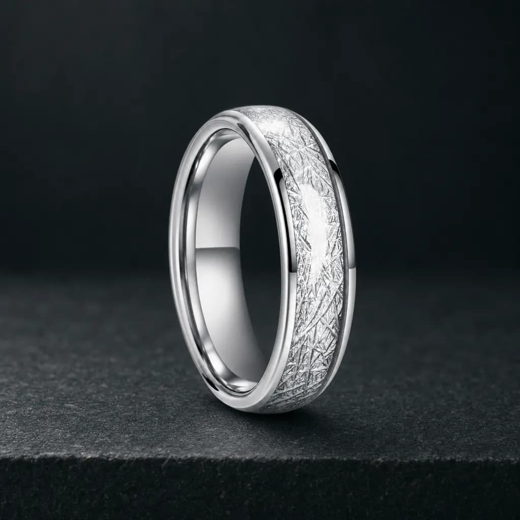 The Orbit, an 8mm polished silver tungsten carbide band with a meteorite inlay, standing upright on a dark iron grey stone slab