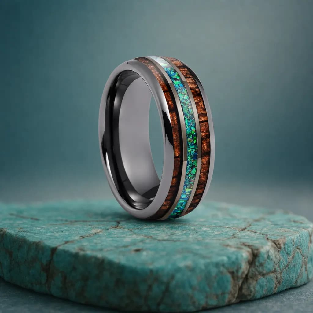 The Prism, an 8mm polished tungsten carbide band in gunmetal and green with an opal inlay, standing upright on a turquoise veined mineral slab