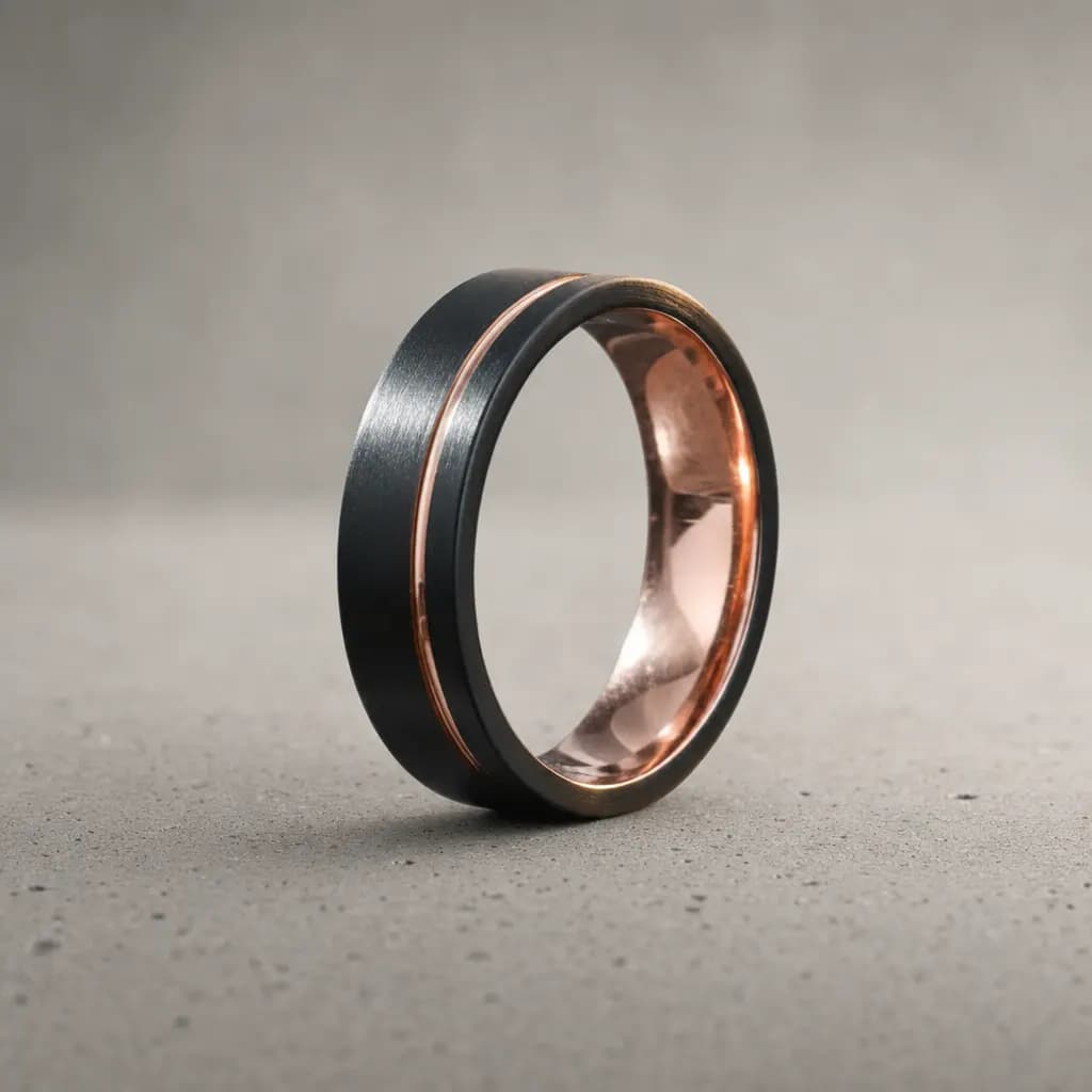The Rift, a 6mm brushed tungsten carbide band in black and rose gold, standing upright on a poured concrete ledge