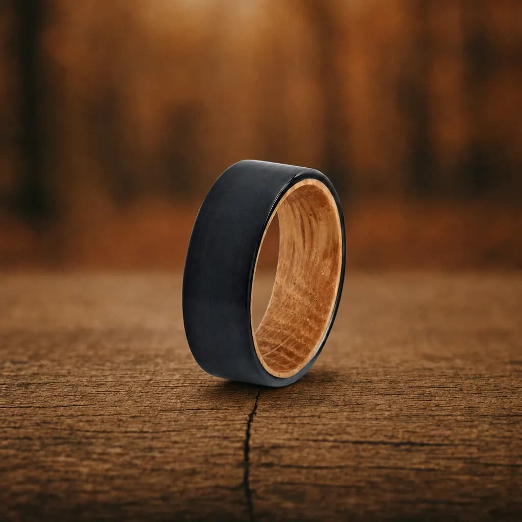The Rosewood, an 8mm matte black tungsten carbide band with a wood inlay, standing upright on a weathered oak plank