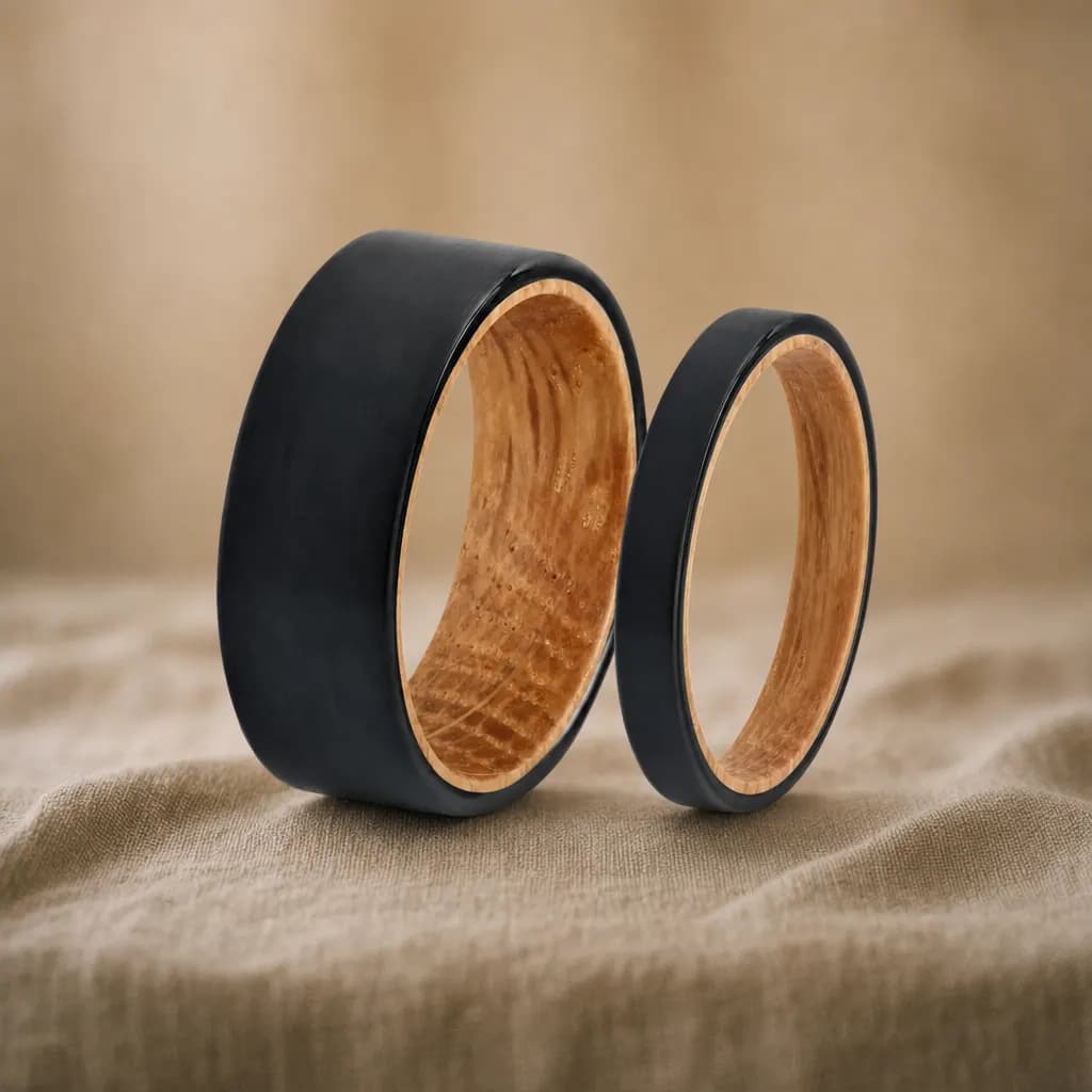 The Rosewood Set, an 8mm and 4mm matte black tungsten carbide band with a wood inlay, standing upright on rumpled natural linen