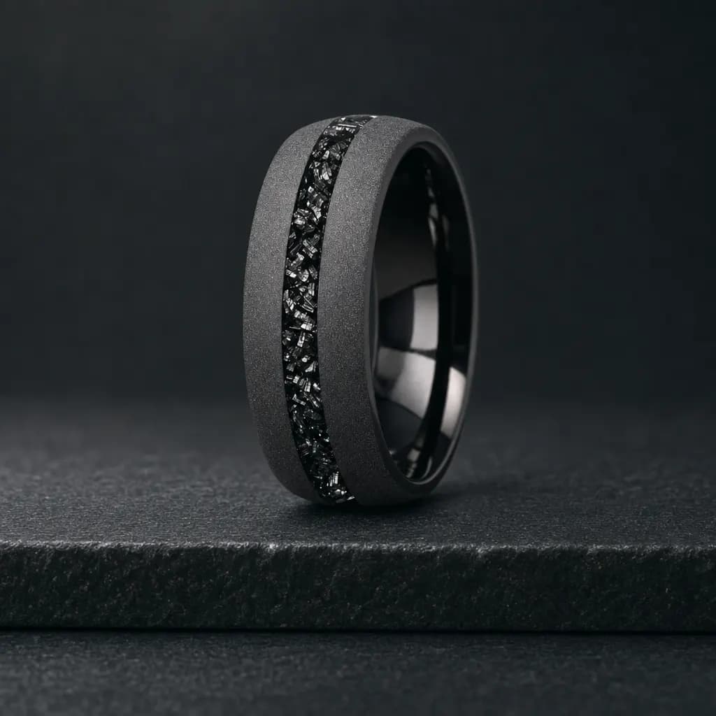 The Sidereal, an 8mm matte tungsten carbide band in black and silver with a meteorite inlay, standing upright on a dark iron grey stone slab