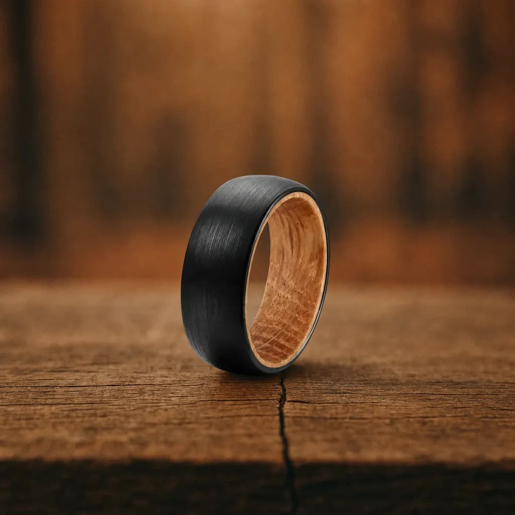The Solace, an 8mm brushed black tungsten carbide band with a wood inlay, standing upright in a studio shot