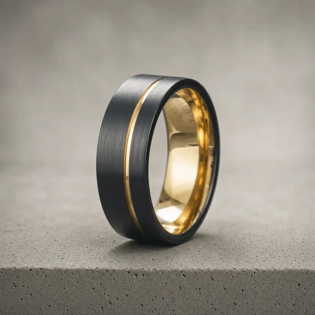The Striker, an 8mm brushed tungsten carbide band in black and gold, standing upright on a poured concrete ledge