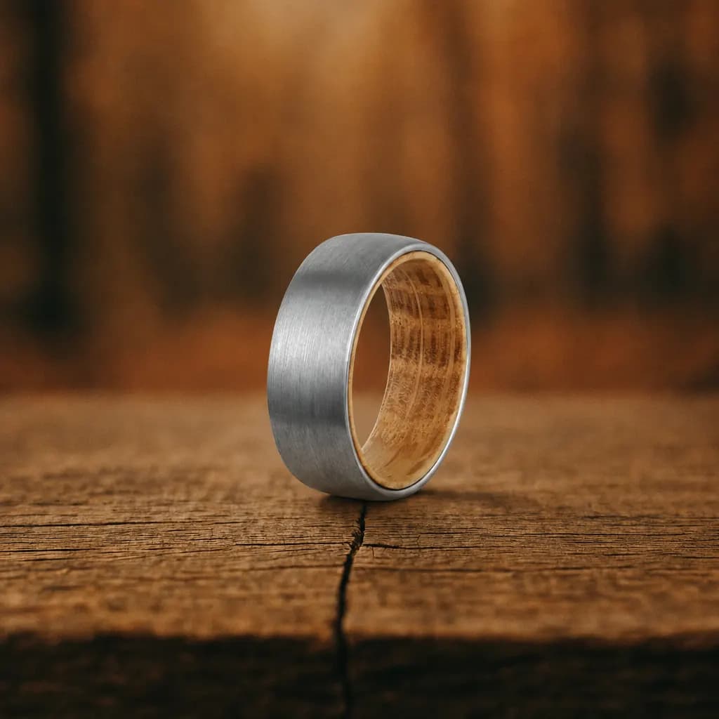 The Summit, an 8mm brushed silver tungsten carbide band with a wood inlay, standing upright on a weathered oak plank