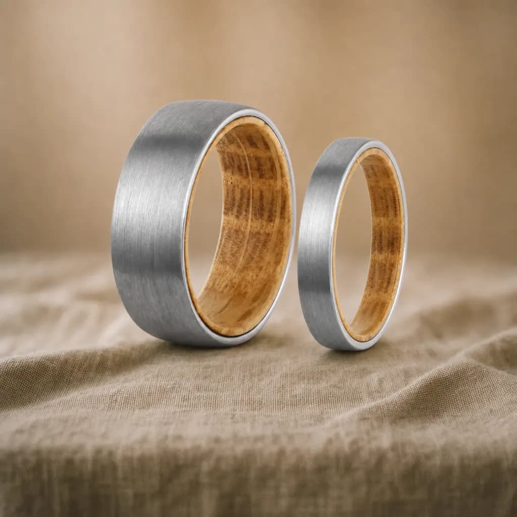 The Summit Set, an 8mm and 4mm brushed silver tungsten carbide band with a wood inlay, standing upright on rumpled natural linen