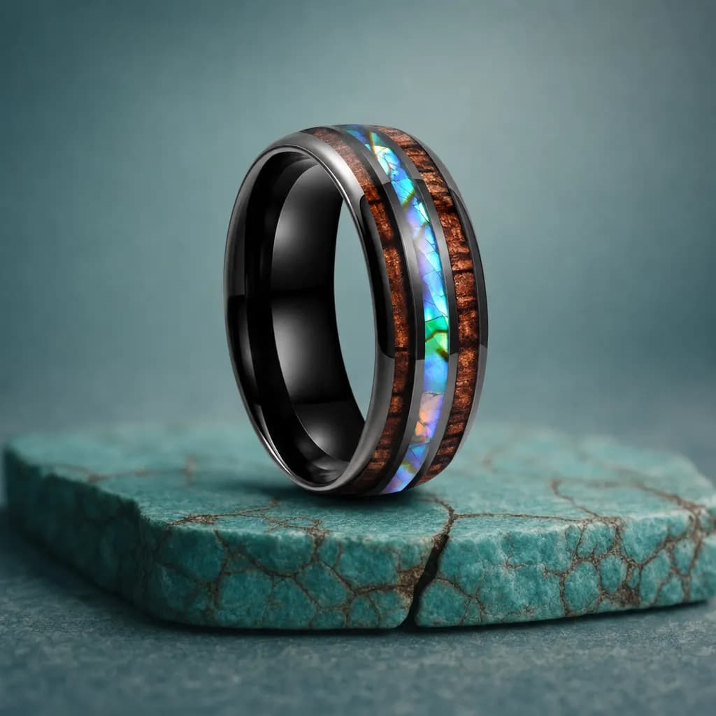 The Tide, an 8mm polished tungsten carbide band in black, blue and green with an abalone shell inlay, standing upright on a turquoise veined mineral slab