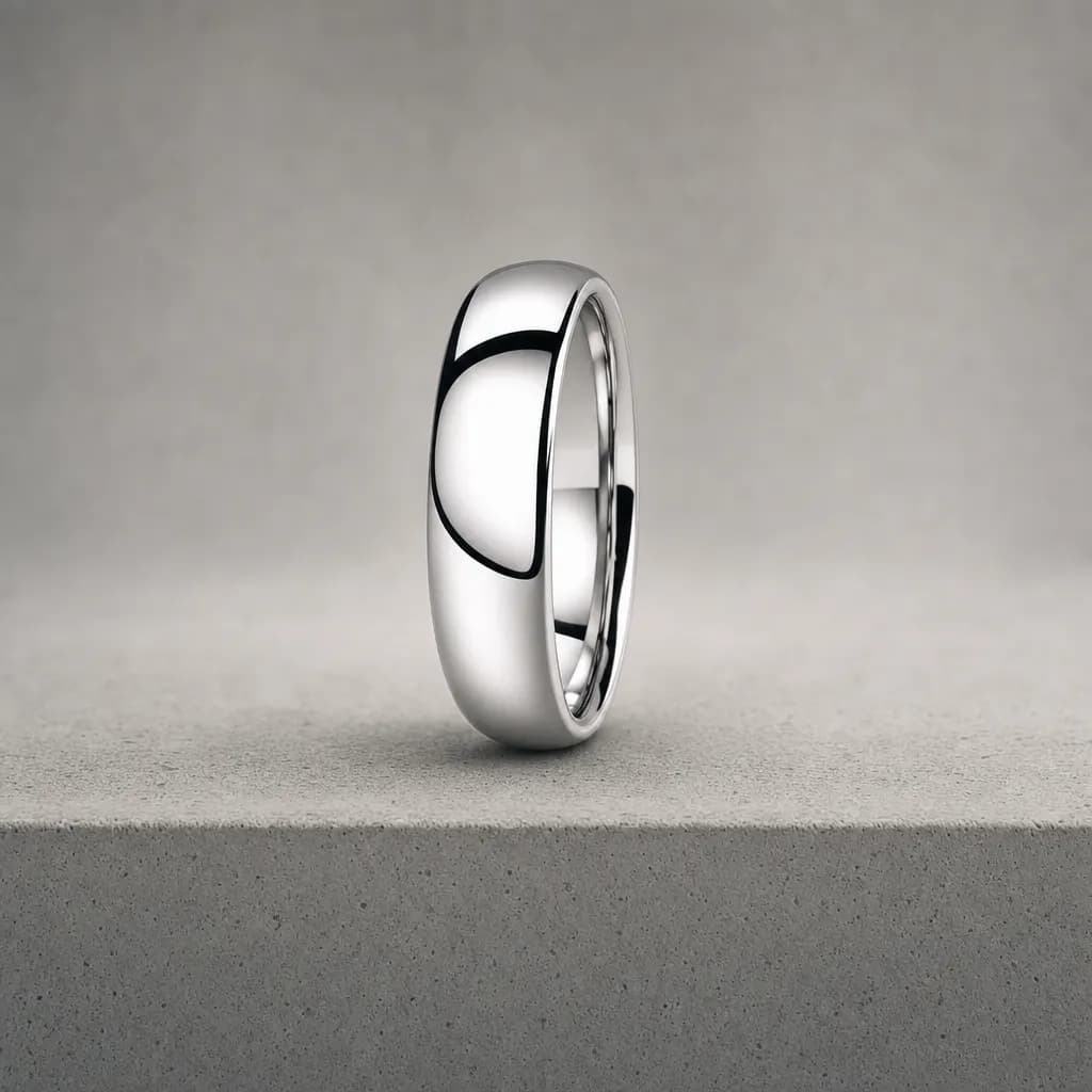 The Twine, an 8mm polished silver tungsten carbide band, standing upright on a poured concrete ledge