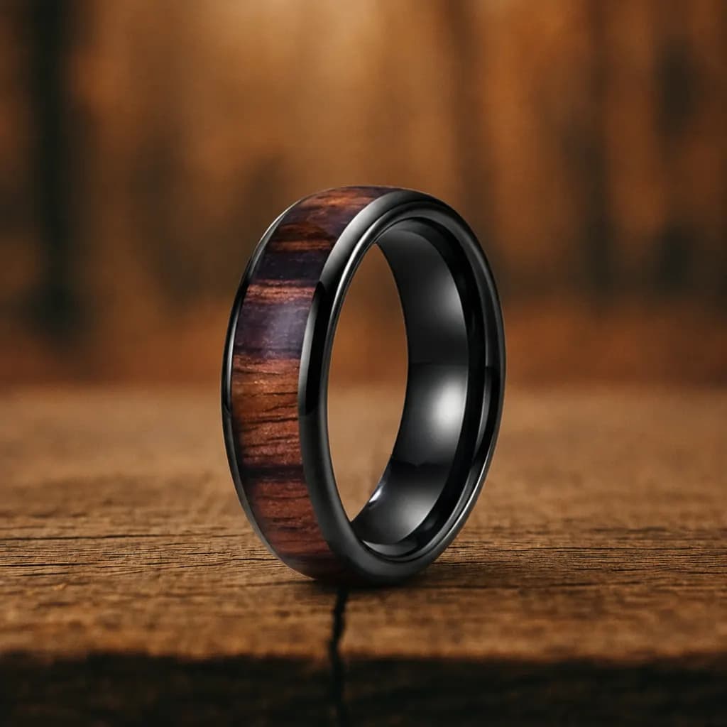 The Vale, a 6mm polished black tungsten carbide band with a wood inlay, standing upright on a weathered oak plank