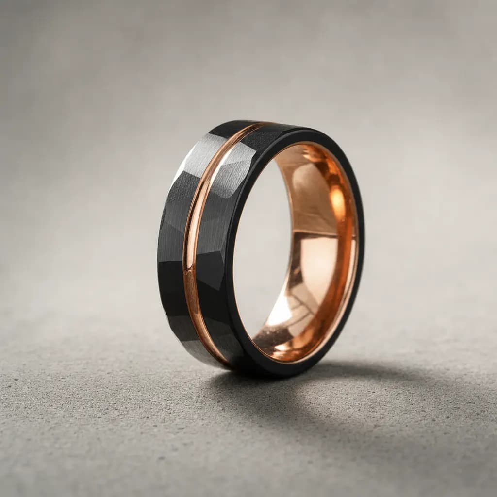 The Vector, an 8mm brushed tungsten carbide band in black and rose gold, standing upright on a poured concrete ledge