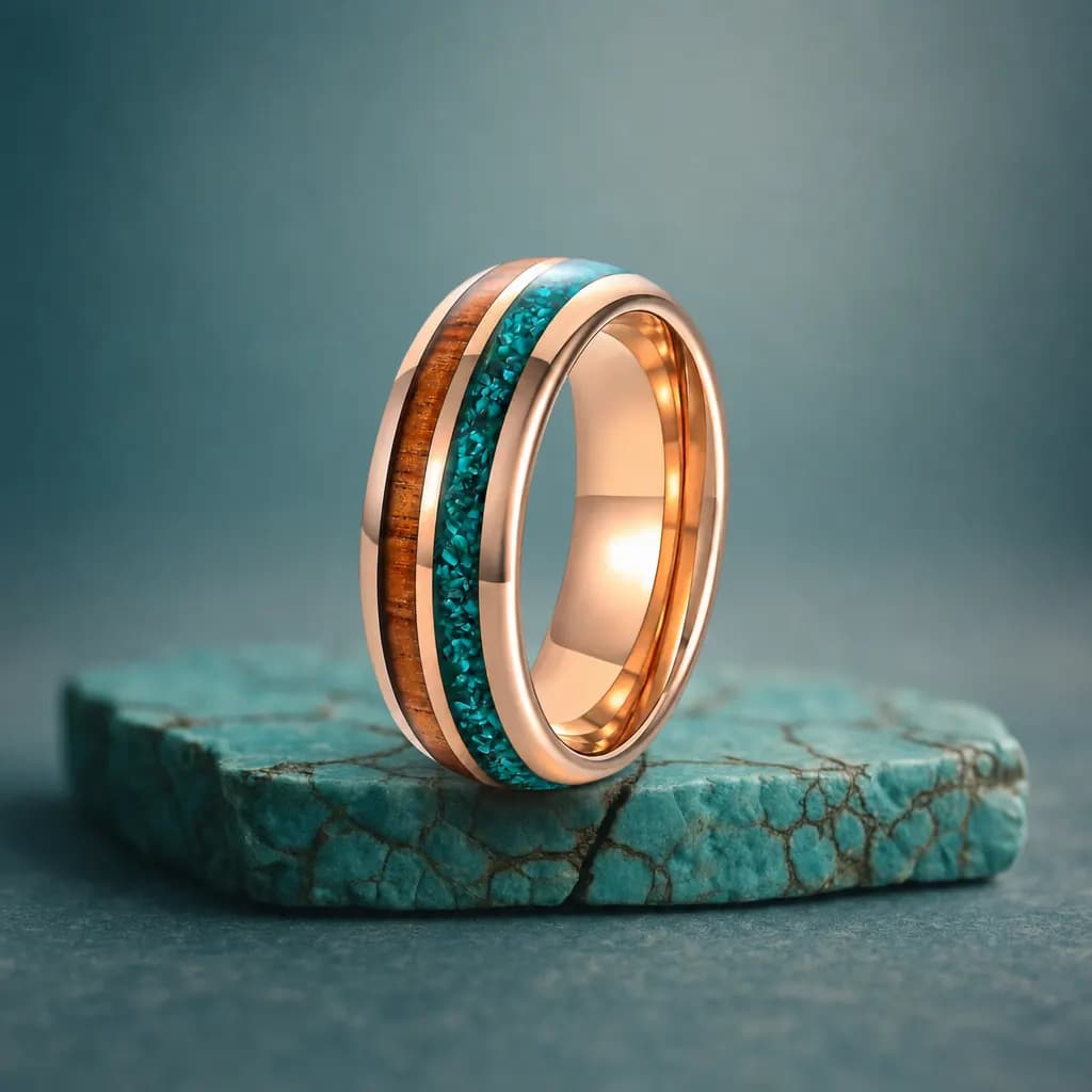 The Verde, an 8mm polished tungsten carbide band in rose gold, green and blue with a turquoise inlay, standing upright on a turquoise veined mineral slab