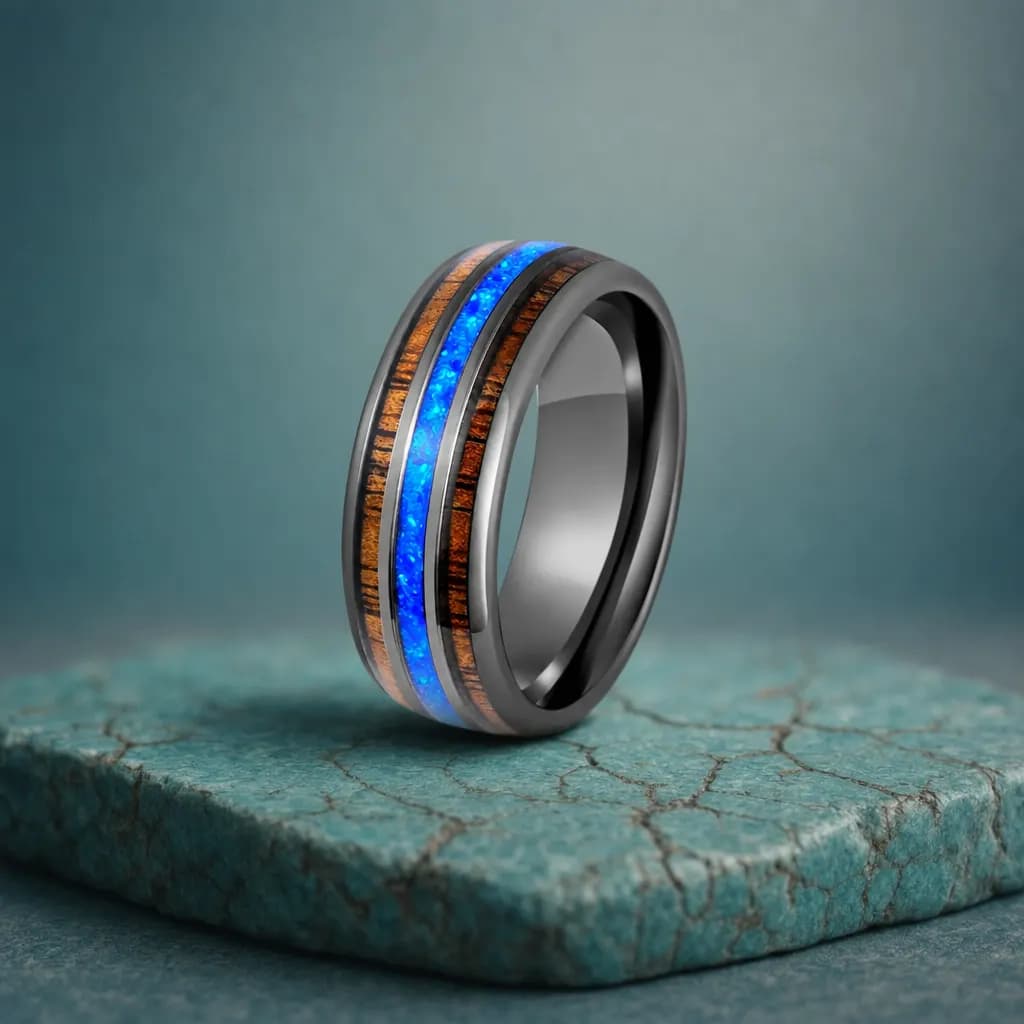 The Willow, an 8mm polished tungsten carbide band in gunmetal and blue with an opal inlay, standing upright on a turquoise veined mineral slab