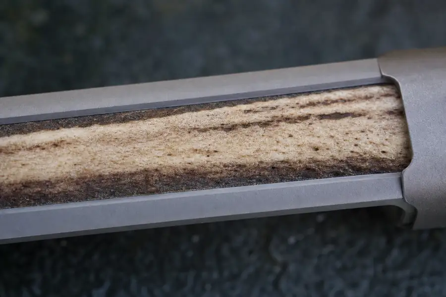 Macro of antler grain inset into a tungsten channel