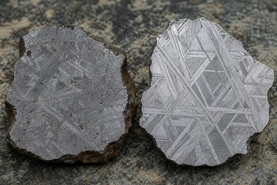 Side-by-side macro of genuine meteorite pattern versus etched steel