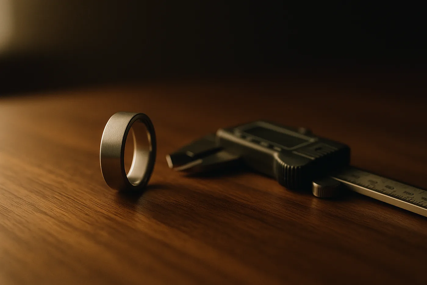 A wide brushed tungsten band standing on edge on a walnut desk beside an open digital caliper in warm evening light