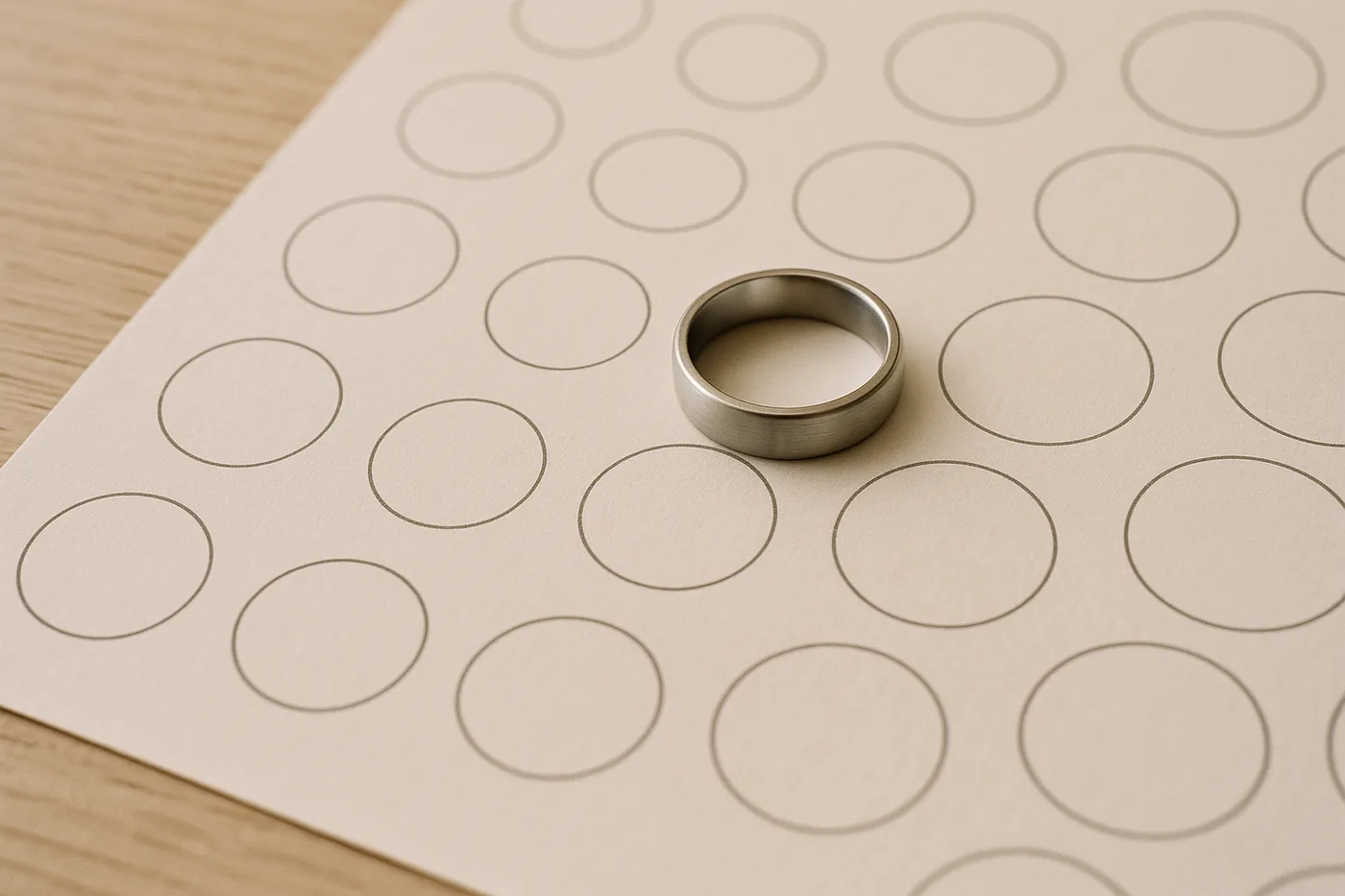 A brushed tungsten band resting inside one printed circle on a paper ring size chart, so the two diameters can be compared