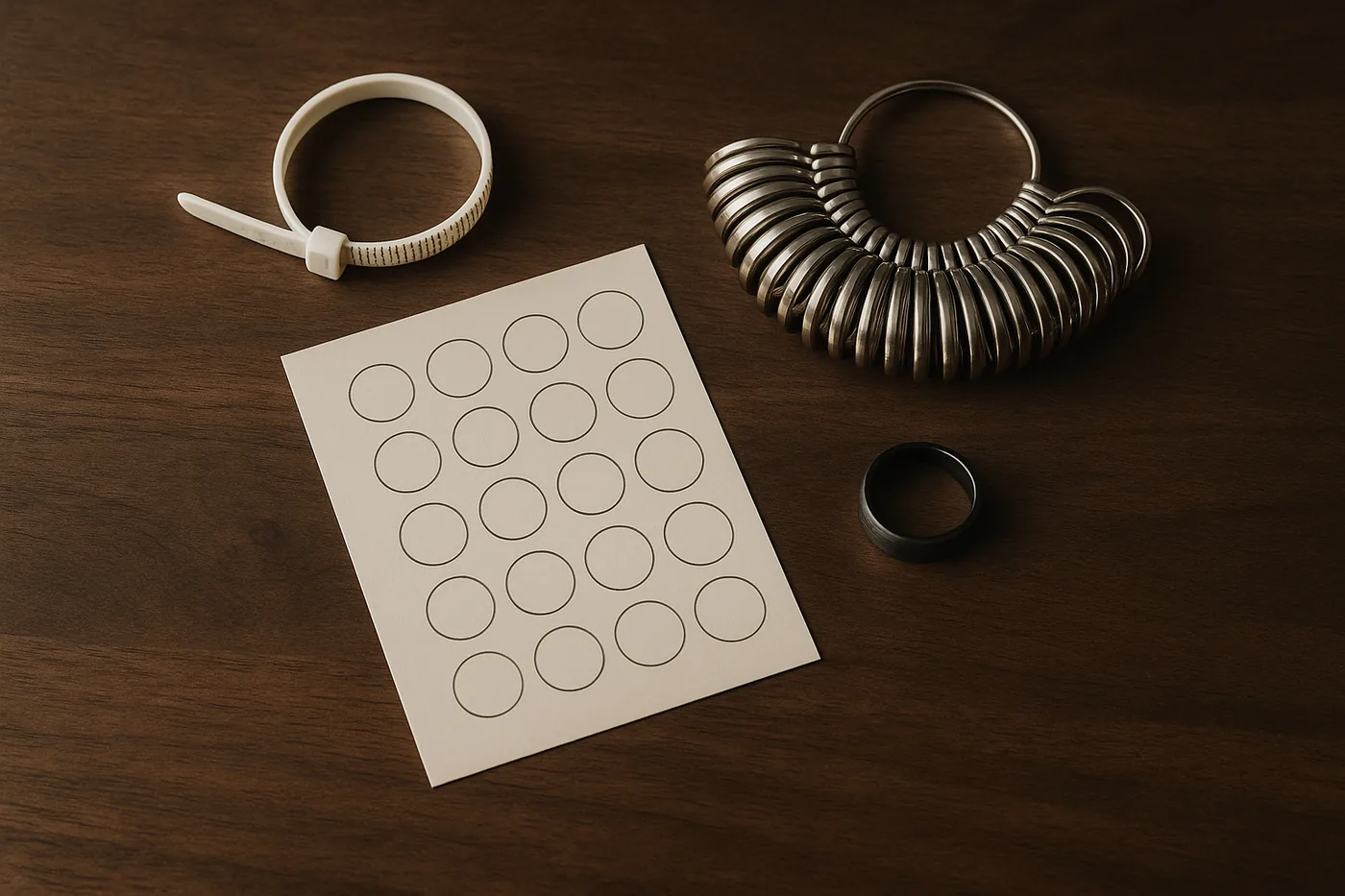 A plastic belt-style ring sizer, a printed ring size chart and a set of steel ring gauges laid out on a walnut bench beside a black tungsten band